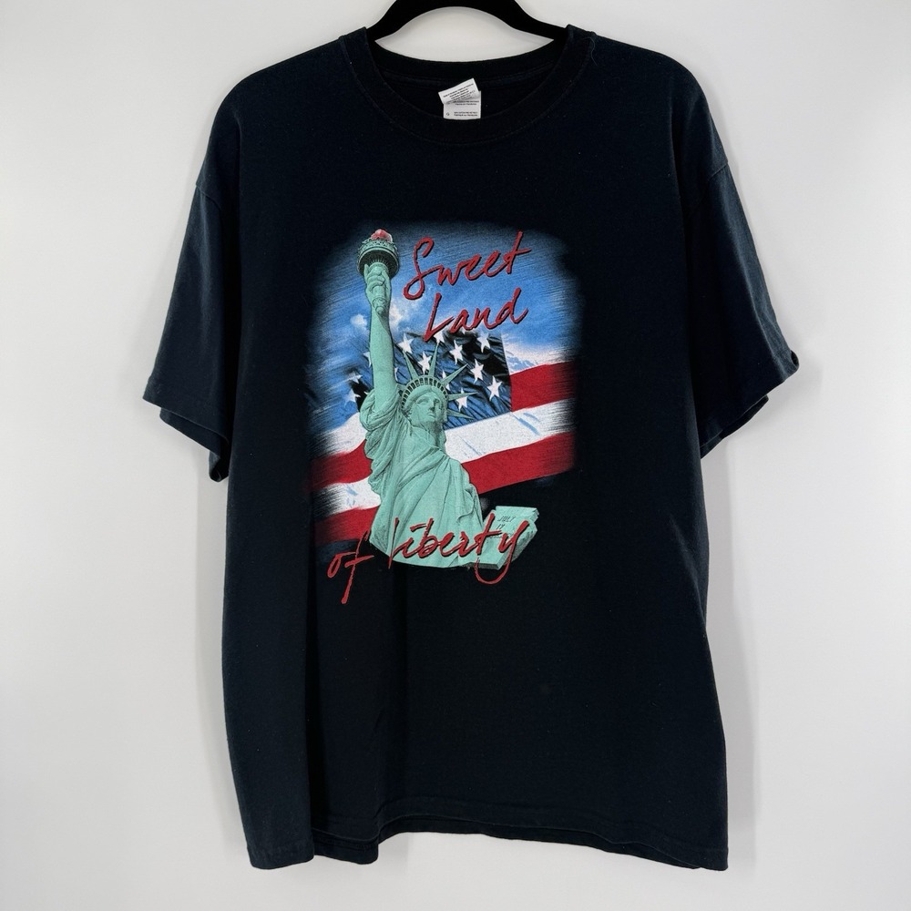 Sweet Land Of Liberty Mens Large Y2K USA Graphic Front Black Short Sleeve